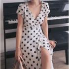 Short-sleeve Dotted Wrap A-line Midi Dress