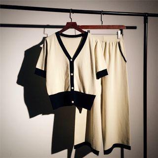 Set: Contrast Color Short-sleeve Knit Cardigan + Cropped Knit Wide-leg Pants