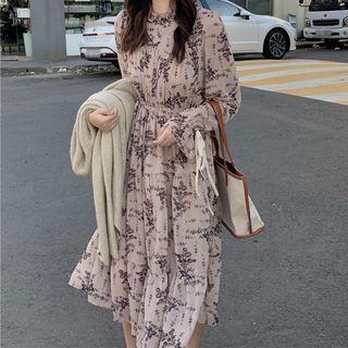 V-neck Cardigan / Long-sleeve Floral Print Midi A-line Dress