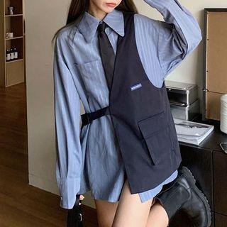 Striped Shirt / Asymmetrical Vest / Tie / Set