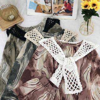 Set: Long-sleeve Printed Blouse + Knit Scarf