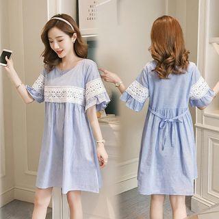 Short-sleeve Lace-trim Striped A-line Dress
