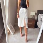 High-waist Ruched Plain Slit Midi Skirt