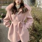 Faux Fur-trim Hooded Wool Jacket With Sash / Details Plain Knit Top / Turtleneck Knit Midi Dress / Scarf