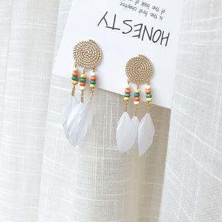 Feather & Wooden Bead Fringed Earring Multicolor Bead & Feather - White - One Size