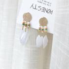 Feather & Wooden Bead Fringed Earring Multicolor Bead & Feather - White - One Size