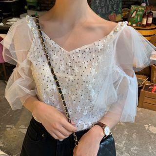Elbow-sleeve Sequin Mesh Blouse