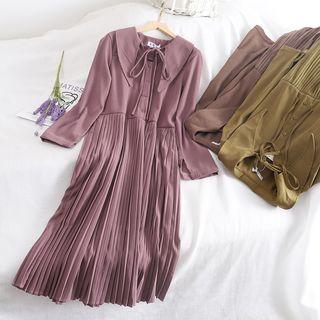 Long-sleeve Tie-neck Chiffon Pleated Dress