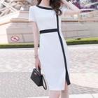 Short-sleeve Color Panel Midi Sheath Dress