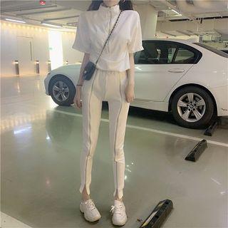 Set:plain Zip Short-sleeve Top + High-waist Pants