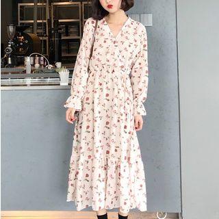 Long-sleeve Floral Print Midi A-line Chiffon Dress Almond - One Size