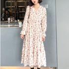 Long-sleeve Floral Print Midi A-line Chiffon Dress Almond - One Size