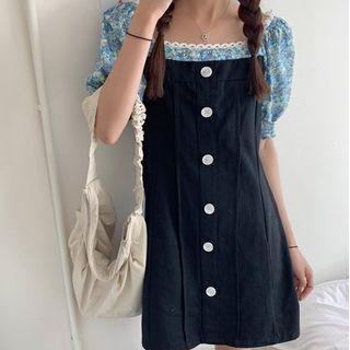 Mock Two-piece Puff-sleeve Buttoned Mini Sheath Dress