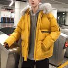 Furry-trim Hooded Lettering Padded Zip Jacket