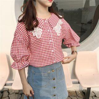 Lace-trim Plaid Shirt Red - One Size
