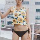 Set: Plain Bikini + Sunflower Print Tank Top + Swim Skirt