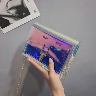 Iridescent Push Lock Satchel With Chain Strap
