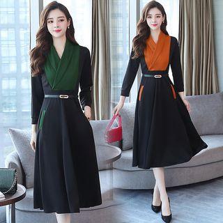 3/4-sleeve Two-tone A-line Midi Dress