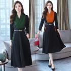 3/4-sleeve Two-tone A-line Midi Dress