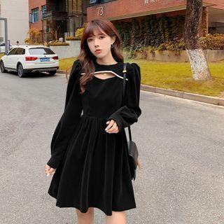 Long-sleeve Cutout Velvet Mini A-line Dress