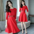 3/4-sleeve Mini A-line Dress / Belt / Set