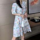 Elbow-sleeve Floral Print V-neck A-line Mini Dress