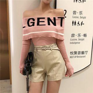 Lettering Off-shoulder Long-sleeve Knit Top / Faux-leather Shorts