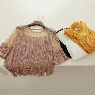 3/4-sleeve Mesh Panel Pleated Top