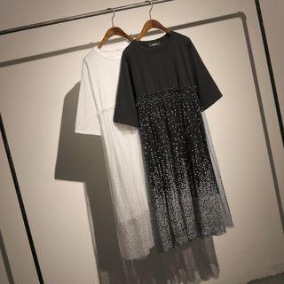 Mock Two-piece Short-sleeve Mesh Overlay Midi Dress