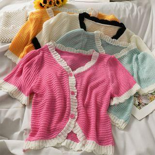 Contrasted Ruffled-trim Button-up Light Knit Top In 5 Colors