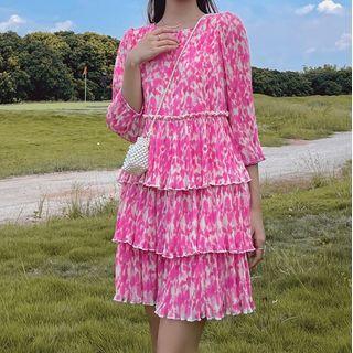 3/4-sleeve Tie-dyed Layered Mini A-line Dress