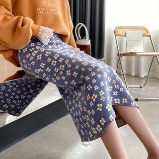Flower Print Knit Fitted Skirt