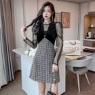 Long-sleeve Mock-neck Mesh Panel A-line Dress