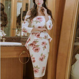 3/4-sleeve Off-shoulder Floral Print Peplum Dress