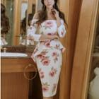 3/4-sleeve Off-shoulder Floral Print Peplum Dress