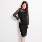 Set: Long-sleeve Lace Top + Lace Sheath Skirt
