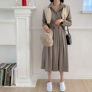 Pleated Checked Long Wrap Shirtdress
