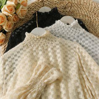 Smocked-neckline Checker Sheer Lace Top