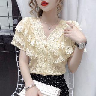 Ruffle Trim V-neck Lace Blouse