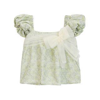 Puff-sleeve Mesh Ribbon Blouse