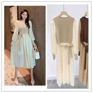 Long-sleeve Knit Panel Lace Midi A-line Dress