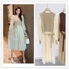 Long-sleeve Knit Panel Lace Midi A-line Dress