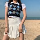Short-sleeve Collared Top / Argyle Sweater Vest / Pleated Mini A-line Skirt