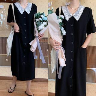 Lace Loose-fit Short-sleeve Dress Black - One Size
