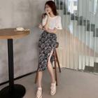 Distressed Light T-shirt / Side-slit Floral Midi Skirt