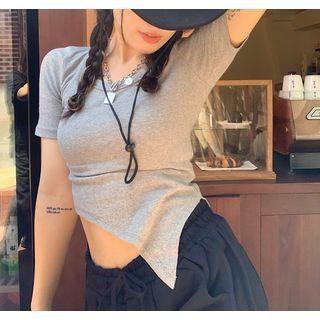Short Sleeve Plain Asymmetrical T-shirt