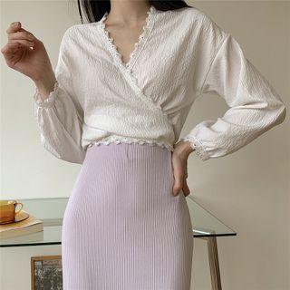 V-neck Lace Trim Blouse / Midi Pencil Skirt