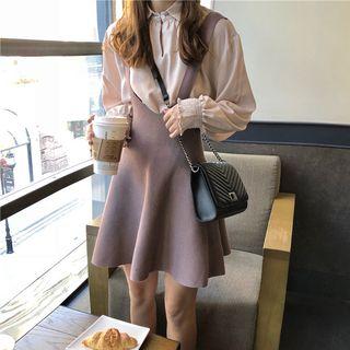 Plain Long-sleeve Loose-fit Shirt / Plain Knit Jumper Skirt