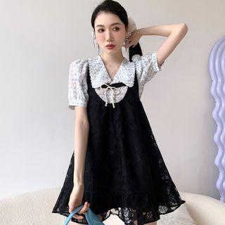 Puff-sleeve Floral Blouse / Lace Mini Overall Dress