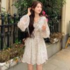 Long-sleeve Floral Print Frill Trim Mini A-line Dress / Lace-up Waist Belt